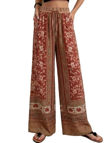 GRACE KARIN Womens Casual Wide Leg Pants, 2026 Summer Palazzo Boho Vacation Pants, High Waist Drawstring Trousers with Pockets Red L