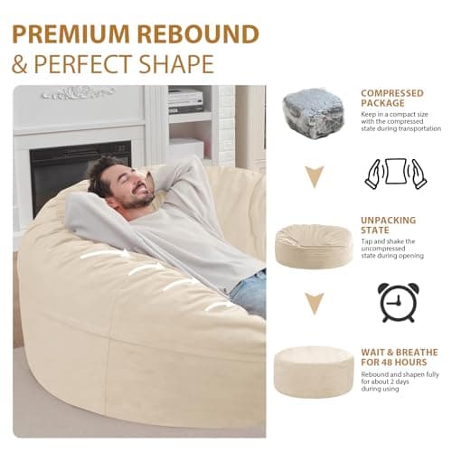 SIMFLAG 6FT Bean Bag Chair, Large Bean Bag Chairs with Memory Foam Filled, Fluffy Beanbag Sofa with Dutch Velvet Cover, Round BeanBag Chairs for Living Room, Playroom - Dark Beige - Thumbnail 6