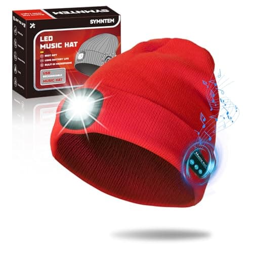 SYMNTEM Rechargeable Bluetooth Music Unisex Beanie Hat with Light for Hiking, Camping, Running, Beanie Headlamp, Gifts for Men, Women, Dad, Him, Her, Husband, Birthday Gifts for Men, Red