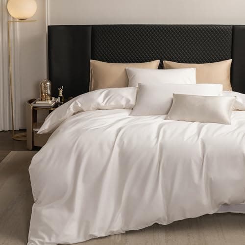 MooMee Duvet Cover Set 100% Extra Long Staple Cotton 600 Thread Count Silky Sateen Smooth Luxury Soft Breathable Durable Hotel Quality Bedding, 3 Pieces (Creamy White, Full 80"x90")
