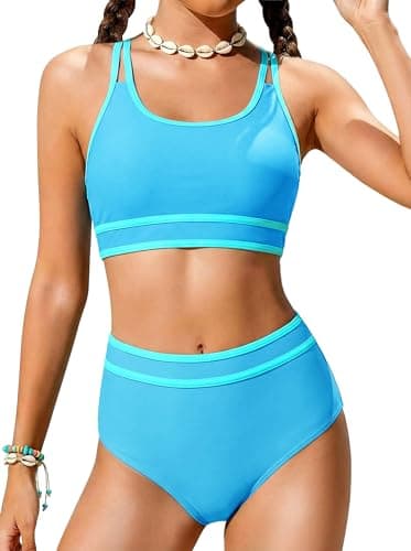 Bathing Suits for Teens Girls Blue Swimsuits Size 12-14 Two Piece Color Block Trajes De Baño para Niñas Blue Swim Neon Sport Bikini Sets Adjustable Double Straps Top Bottoms Padded Modest Swimwear - Image 1