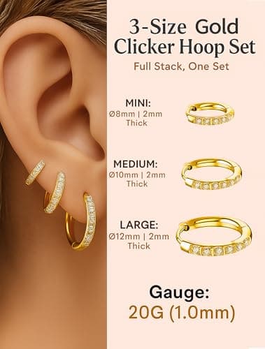 ENVYOU 316L Surgical Steel Huggie Hoop Earrings,Dainty Pave Cubic Zirconia Cartilage Tiny Earring for Sensitive Ears Hypoallergenic Lightweight (Gold,18G 8/10/12mm) - Thumbnail 3