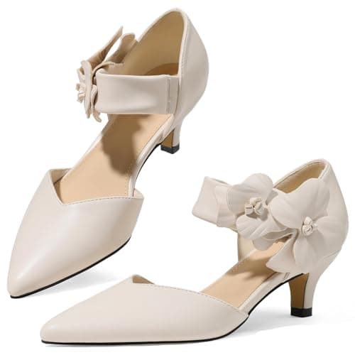 COMFITORIA Womens Low Kitten Heels Closed Pointed Toe Slip on Pumps Ankle Strap Heels Sexy Elegant Bridal Party Dressy Shoes, Beige Pu, Size 9.5 - Image 1