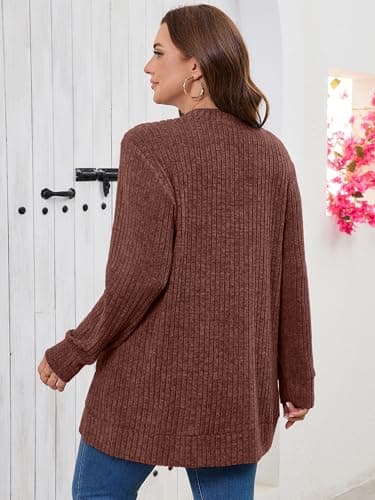 AusLook Plus Size Women Long Sleeve Cardigan Dark Coffe 3X Open Front Button Down Lightweight Casual Sweater Cover Ups Shrugs Shawls and Wraps Kimono Jacket Coat with Pockets - Thumbnail 2