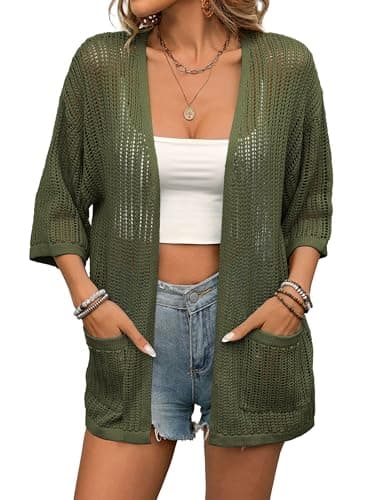 BB&KK Lightweight Cardigans for Women Summer 3/4 Sleeve Open Front Knit Crochet Cardigans with Pockets Army Green XXL - Image 1