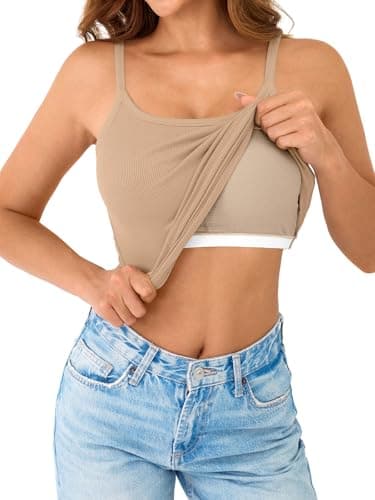 GKBK Women's Sleeveless Built in Bra Tank Top Form Fitting Scoop Neck Ribbed Knit Basic Padded Cami Shirts White Khaki XL - Thumbnail 5