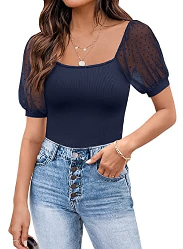 DOROSE Womens Summer Tops Trendy Blouses Square Neck Mesh Short Sleeve Shirts Navy Blue L - Image 1