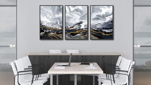 Large Framed Modern Wall Art - Abstract Landscape Cloudy Mountain Wall Decor 24"x36" Set of 3 Contemporary Grey Dark Painting Prints Marble Canvas Pictures for Living Room Bedroom Office Artwork - Thumbnail 4