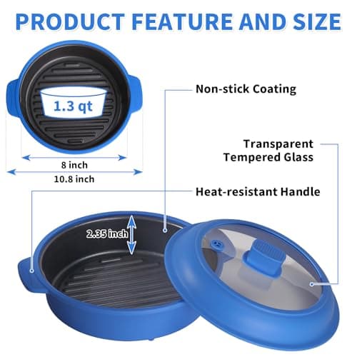 Microwave Grill Pan, Fry Griddle Crisper Pan with Lid for Grilling Browning and Crisping Foods Microwave Silicone Cookware for Baked Potato Meat Sandwich Vegetable Blue - Thumbnail 2