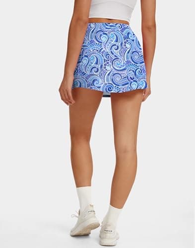M MOTEEPI Skorts for Woman with Pockets 15 Inch Golf Tennis Skirt High Waisted Mini Athletic Skort with Shorts for Running Pickleball Blue Waves XL - Thumbnail 2
