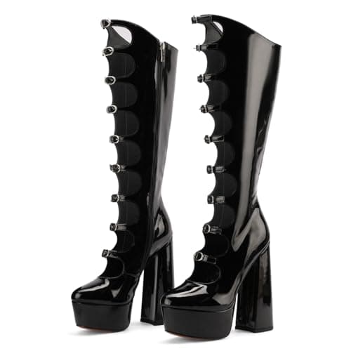 FancyQueen Black Platform Boots Gothic Boots for Women, Knee High Chunky Platform Heels, Black Lolita Buckle Block Heels, Punk Combat Mid Calf Shoes - Image 1