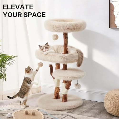 Erinnyees 44" Real Wood Cat Tree for Large Cats, 45LBS Heavy Duty Stable Cat Tower with Natural Branches, Modern Rustic Cat Furniture with 3-Tier Cloud-Soft Plush Platforms & Sisal Scratching Posts - Thumbnail 6