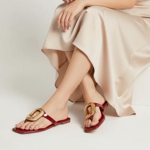StillFancxy Gold Buckle Flat Sandals for Women Square Toe Dressy Flip Flops Trendy Thong Sandals Slide Sandals - Thumbnail 2