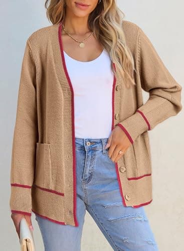 Dokotoo Cardigans for Ladies Open Front 2026 Long Sleeve Lightweight Color Block Spring Twisted Knit Sweater Coats with Pockets,Light French Beige Small - Thumbnail 6