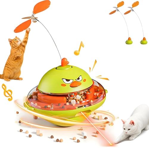 hooroor 4-in-1 Automatic Cat Toy, Interactive Laser & Feather Teaser with Bird Sounds & Treat Reward, Self-Balancing 360° Spinning Enrichment Exercise Toy for Bored Indoor Cats & Kittens - Image 1