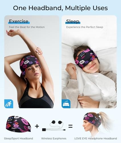 LOVE EYE Sleep Headphones Wireless Headband Headphones Bluetooth 5.4 for Side Sleeper Bluetooth Headband Earphones for Sports for tech Gadgets Gifts(Lip Black) - Thumbnail 2