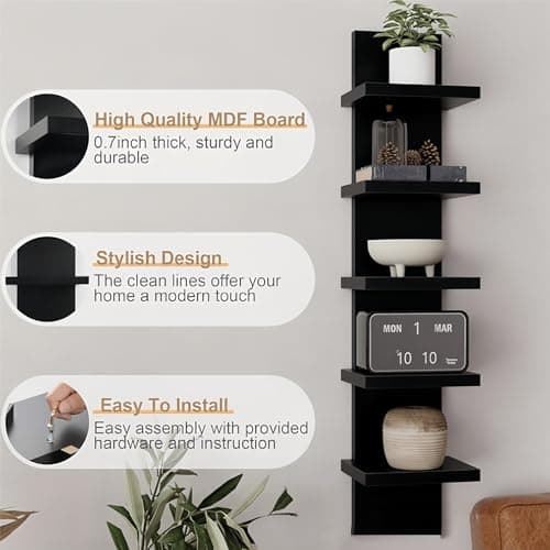FRAWENLECO No Drill Wall Shelf Unit 5-Tier, Floating Storage Shelf, Decorative Wall Mount Vertical Shelving for Home, Bedroom,Living Room,Office - Thumbnail 3