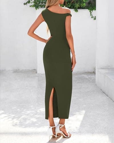 BTFBM Women Formal Cocktail Dresses Summer 2026 One Shoulder Twist Strap Ruched Bodycon Elegant Wedding Party Maxi Dress(Army Green, XX-Large) - Thumbnail 3