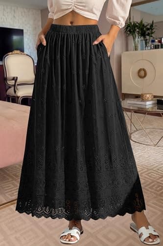 dowerme Women Summer Maxi Skirt Cute Elastic High Waist Boho Eyelet A-Line Cotton Flowy Long Skirts Spring Clothes 2026(Black,Medium) - Thumbnail 5