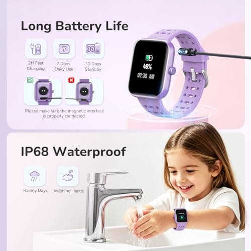 Kids Smart Watch for Girls Boys, Smart Watch for Kids with Health Monitor, Activities Track & Pedometer, Long-lasting Kid's Watches with Reminders & Puzzle Games, Gifts for Children-Purple(2 Bands) - Thumbnail 5