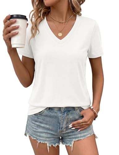 LaGracia Women's Cotton T Shirt V-Neck Short Sleeve Shirt Classic-Fit Casual Breathable Tee Summer Basic Tops White XL - Image 1