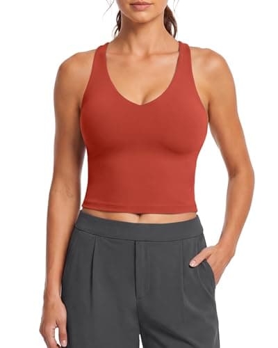 G4Free Workout Tank Tops for Women Razor Back Yoga Athletic Removable Padded Tanks Shelf Bra Exercise Gym Top (Rust Orange,XS) - Thumbnail 2