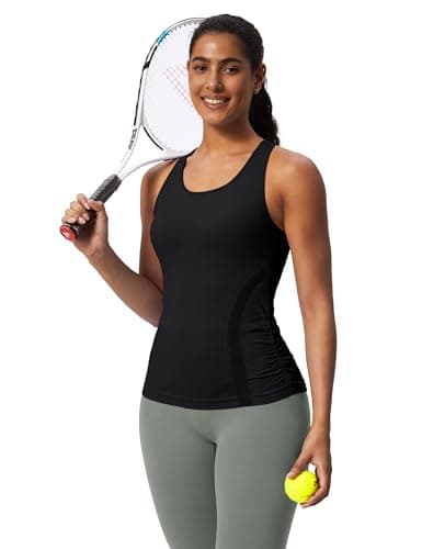 Women's Seamless Racerback Tank Top, Crew Neck Workout Yoga Padded Athletic Shirts Black - Thumbnail 2