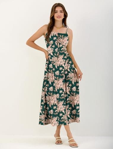 ZAFUL Women's Floral Corset Dress Spaghetti Strap Fit and Flare Flowy Midi Sundress with Pockets Dark Green S - Thumbnail 5
