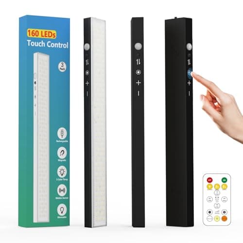 12inch 3Pack Touch Control Under Cabinet Lighting, 160LED Super Bright, 4000mAh Long-Lasting, Magnetic Rechargeable Motion Sensor Under Counter Lights for Kitchen, Closet, Remote, Dimmable, 3CCT丨Black - Image 1