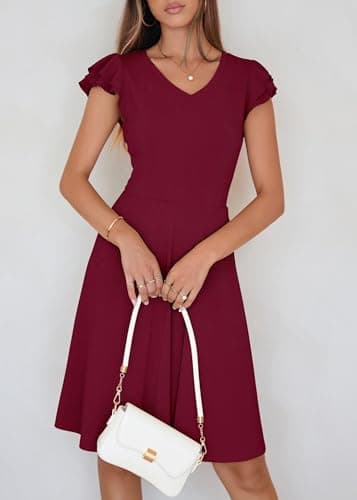 Lazysmile Summer Dresses for Women Ruffle Short Sleeve V Neck A Line Swing Ribbed Knit Casual Mini Short Dress Wine Red - Thumbnail 5