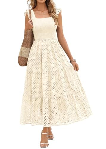 Lazysmile Womens Summer Maxi Dress Square Neck Ruffle Cap Sleeve Hollow Out Eyelet Smocked Tiered A Line Boho Sundress Apricot - Image 1