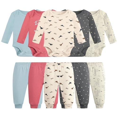 Baby Newborn Layette 10-Piece Set Cotton Bodysuits Long Sleeve Pants Sets Baby Boys Girls Toddler Unisex Baby Gift Sets Cute Animal for 9 12 Months - Thumbnail 2
