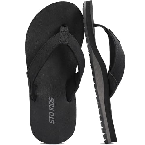STQ KIDS Boys Flip Flops Kids Beach Sandals for Girls Non-Slip Arch Support Summer Pool Sandal Outdoor Intdoor Swim Bath Shower Shoes All Black Size 3 Little Kid - Image 1