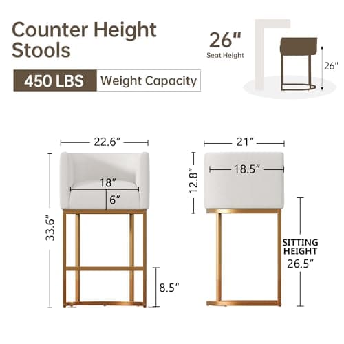 Styecofur Counter Height Bar Stools Set of 3, White and Gold Bar Stools, 26" Modern Barrel Counter Stools with Backrest and Arms, Linen Fabric Upholstered & Metal Base, for Kitchen Island and Bar - Thumbnail 2