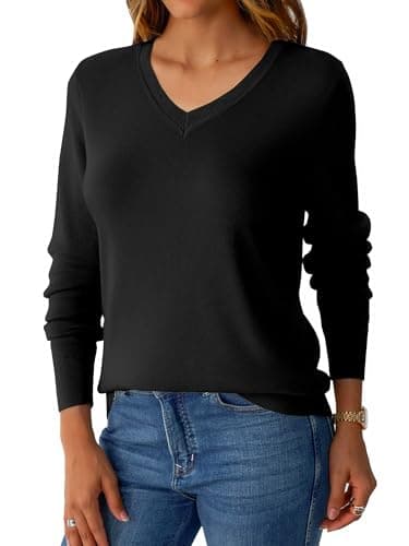 GKBK V Neck Lightweight Sweaters for Women Wool Blend Ribbed Knitted Classic Loose Fit Pullover Long Sleeve Tops Business Casual Fall Outfits 2025 Trendy Black - Thumbnail 5