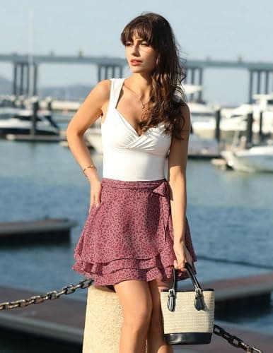 Belle Poque Women's Flowy Ruffle Mini Skirt with Shorts Underneath Elastic Waist Boho Skirt Floral Mini Skirt Summer Trendy 2026 Red Leopard Print L - Thumbnail 4