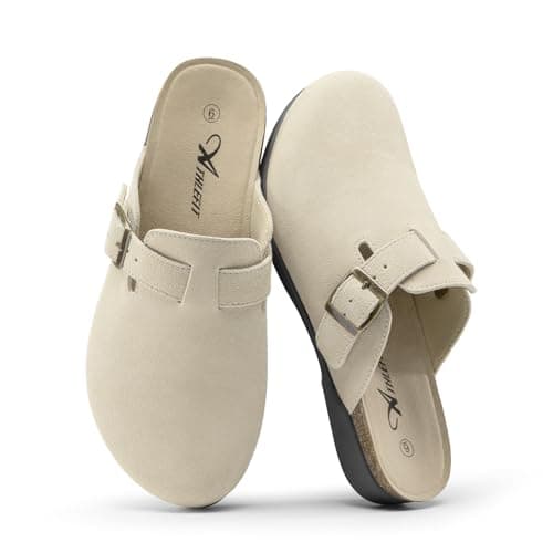 Athlefit Womens Casual Clogs Soft Cork Footbed Mules for Women with Arch Support Adjustable Buckle Slip On Shoes for Home Wear Travel Work Teachers Beige 6.5 - Image 1