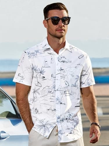 JEMLDL Men's Hawaiian Short Sleeve Button Down Shirt Wrinkle-Free Lightweight Clothing Geometric Printed Vacation Travel White Geometry Large - Thumbnail 3