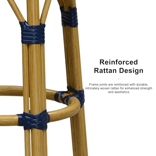 PURPLE LEAF Patio Round Counter Height Stool Set of 2 Outdoor Backless Barstools Aluminum Frame in Bamboo Finish with Navy Blue&White Woven Rattan for Indoor Kitchen Dining Bistros Cafe Restaurant - Thumbnail 5
