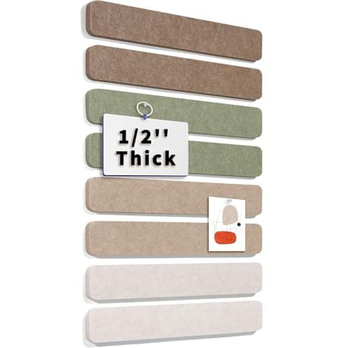Fwpelt 1/2'' Ultra-Thick Cork Board Strips Alternative 8-Pack, Frameless Sturdy Adhesive Pin Board for Walls with 50 Push Pins, Small Felt Bulletin Board Tiles for Home Office, Bedroom & Dorm