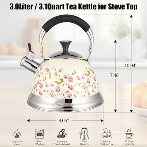 Tinlon Enamel Tea Kettle, 3.1QT Whistling Stovetop Teapot, Folding Handle - Thumbnail 6