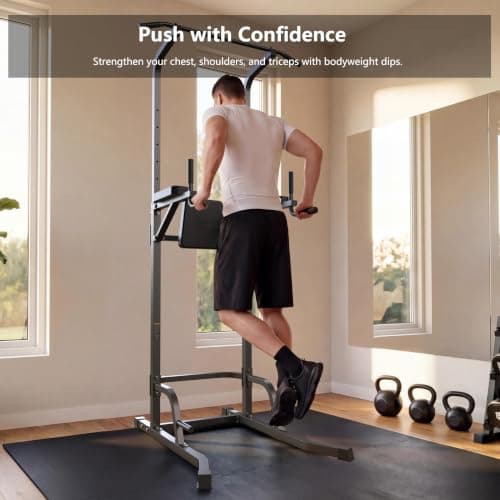 Power Tower Pull Up Dip Station with Stable Splayed H-Shaped Base, 440 lbs Capacity, Adjustable Height - Thumbnail 4