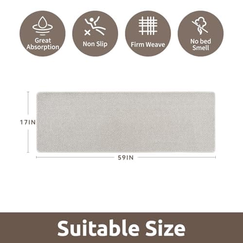 AMOAMI Chenille Bath Mat Super Absorbent Bathroom Mat Quick Dry Low Pile Bath Mats for Bathroom Washable Rubber Backed Bathroom Runners Fit Under Door, Front of Bathtub, Sink, Beige&White 17"x59" - Thumbnail 2