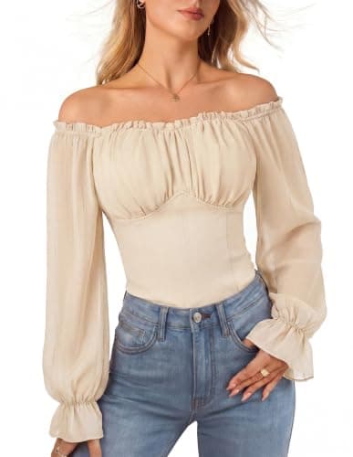 Scarlet Darkness Women's Peasant Blouse Off Shoulder Fall Tops Beige XL - Image 1