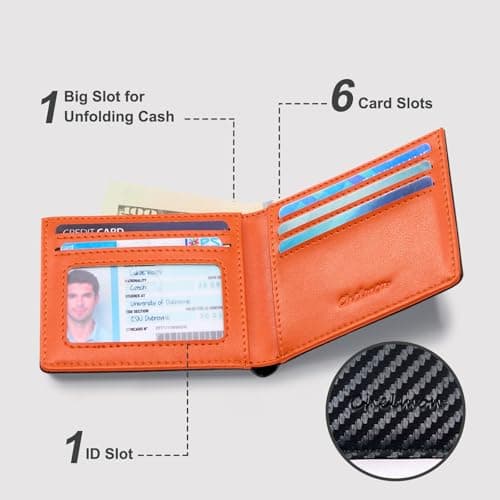 Chelmon Slim Wallet for Men ID Window with RFID Blocking Front Pocket Minimalist Bifold Bussiness Card Holder Gift for Men, Carbon Black & Orange - Thumbnail 2