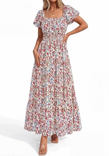 BTFBM Summer Dress for Women 2026 Spring Floral Short Sleeve Casual Flowy A-Line Smocked Tiered Maxi Dresses Pockets(Floral Beige Multicolor, Medium) - Thumbnail 6