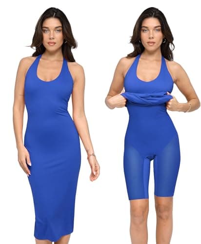 Popilush Shapewear Dress Blue Halter Casual Dresses with Build in Shapewear Midi Casual Club Night Out Summer Dress for Women - Image 1