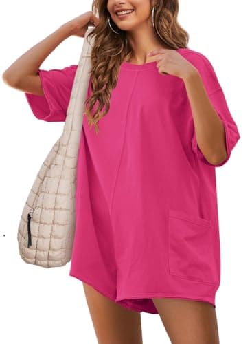 NILOINE Womens Romper Pink Summer Casual Oversized Athletic Workout Cute Beach Romper Shorts Jumpsuit Outfits(3-Hotpink,Medium) - Image 1