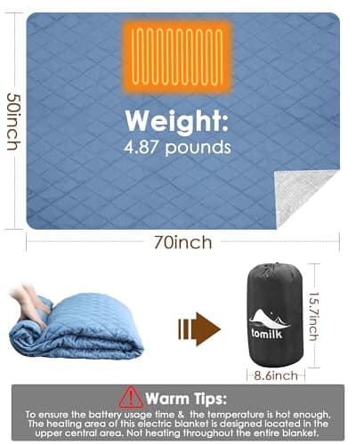 tomilk Heated Camping Blanket Battery Operated, 12V Cordless Heated Blanket with 15000mAh Battery, Wearable Heated Camping Blanket (Blue) - Thumbnail 4