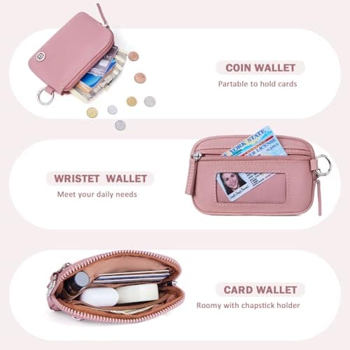 POIUGOYA Keychain Wristlet Wallet,Dual Pouch Wristlet Portable,Nylon RFID Coin Purse Small Wallet with key ring,ID Window - Thumbnail 4